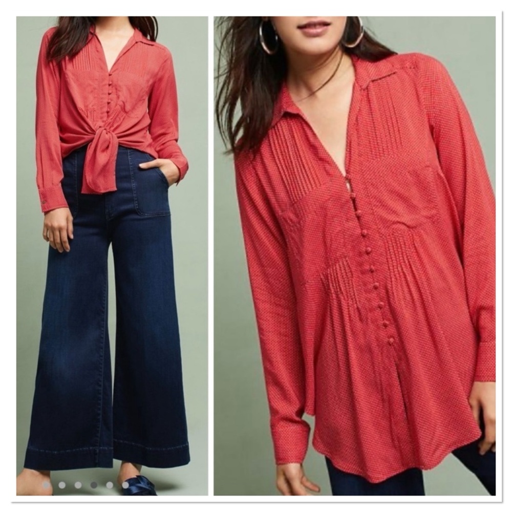 Anthropologie Maeve Matilda Polka Dot Blouse Button Front Red White Size XS